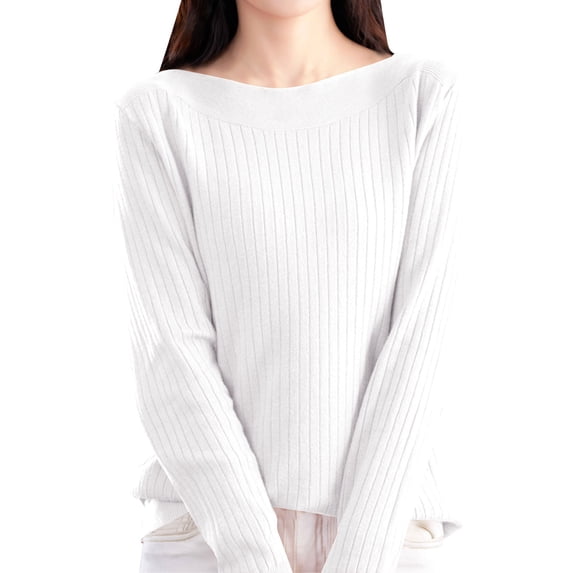 Vinsonshop Long Sleeve Ribbed Knit Tops Women Boat Neck Sweaters Slim Fit Casual Pullover Basic Jumpers Fall Fashion Everyday Wear White S