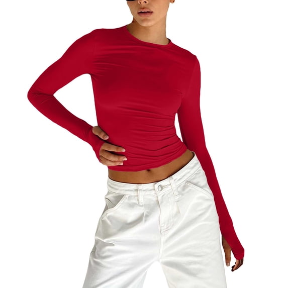 Vinsonshop Long Sleeve Tops Basic Tee Compression Underscrubs Shirts Slim Fit Round Neck Pullover Workout Tops Daily Wear Red M