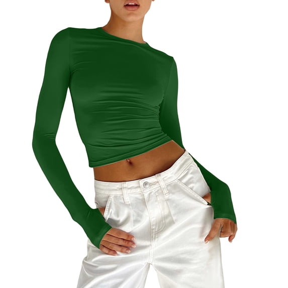 Vinsonshop Long Sleeve Tops Undershirts for Women Base Layer Basic Tee Crew Neck Basic Fitted Underscrub Top Slim Fit Fall Fashion Green L