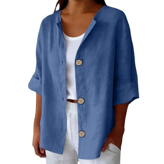 Vinsonshop Long Sleeve Women's Cotton Linen Button Down Blouse Collared Loose Fit Casual Lightweight Breathable Shirt Solid Colors Flowy Comfy Tunic Top (S-5XL)