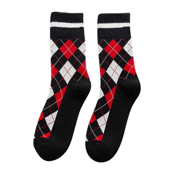 Vinsonshop Men's Argyle Crew Socks Cushioned Terry Sole Vintage Diamond Casual Dress Socks Black One Size