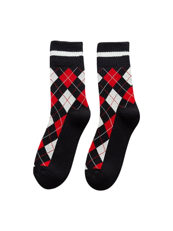 Men's Argyle Crew Socks Cushioned Terry Sole Vintage Diamond Casual Dress Socks Black One Size