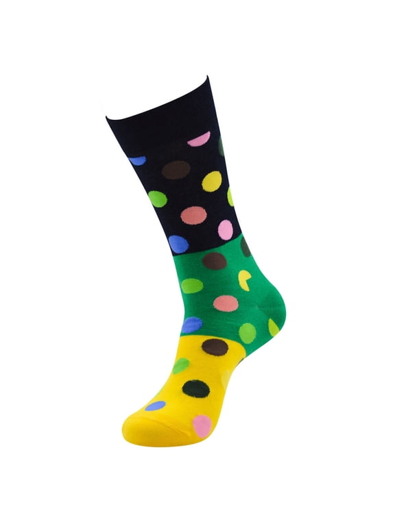 Men's Funky Patterned Cotton Crew Socks Colorful Polka Dot Novelty Dress Socks for Daily Wear Yellow One Size