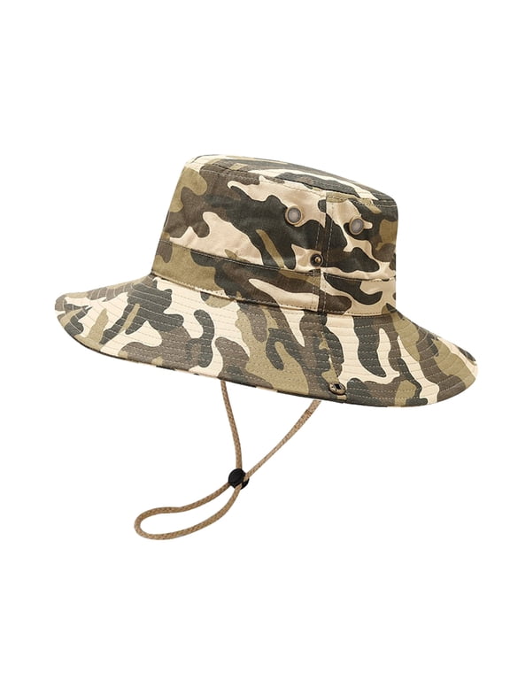 Mens Camouflage Bucket Hat Wide Brim Sun Cap UPF 50+ UV Protection Packable Summer Boonie Hat with String for Fishing Camping Khaki