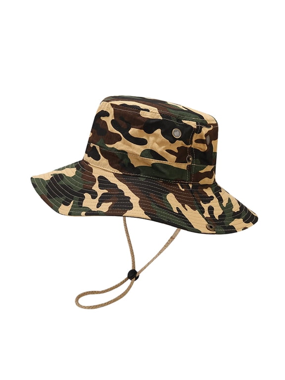 Mens Sun Hat Camo Boonie Hat Wide Brim Bucket Cap UV Protection UPF 50+ Fishing Safari Hat with Chin String for Outdoor Hiking Brown