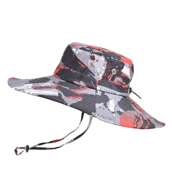 Vinsonshop Mens Wide Brim Boonie Hat Camouflage Sun Caps UV Protection UPF 50 Tactical Hunting Fishing Hat with String Foldable Summer Red