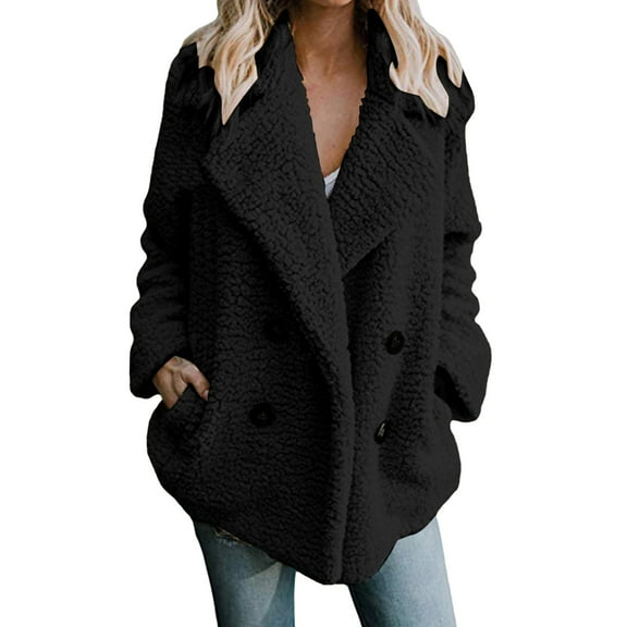 Vinsonshop Pea Coats for Women Sherpa Jacket Women Warm Jackets for Women Going Out Jacket Fuzzy Fleece Jacket Women Fleece Coat Winter Coats for Women Black L