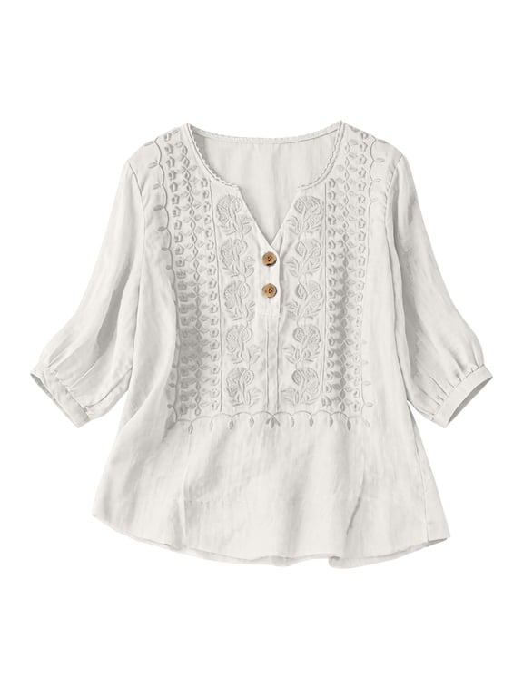 Retro Embroidered Boho Tops V Neck Boho Linen Boho Gauze Tops Gauze Boho Tunic Tops Henley Neck Bohemian Tops Bohemian Tunic Shirt Summer Tops for Women White XL