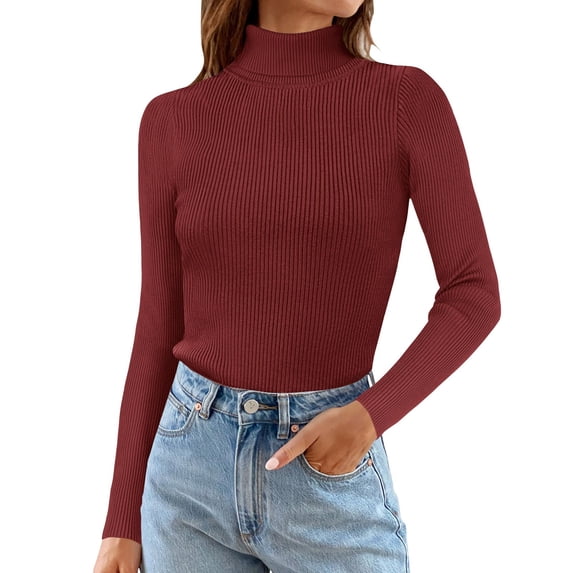 Vinsonshop Ribbed Knit Sweaters Women Long Sleeve Turtleneck Pullover Tops Slim Fit Casual Basic Jumpers Fall Fashion Winter Warm Everyday Wear Wine One Size