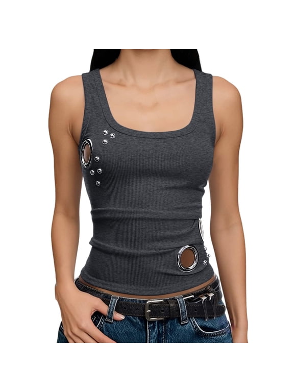 Ribbed Tank Tops for Women Y2k Metal Grommet Eyelet Studded Sleeveless Shirts Scoop Neck Camisole Edgy Grunge Punk Streetwear Going Out Clothes Dark Gray M