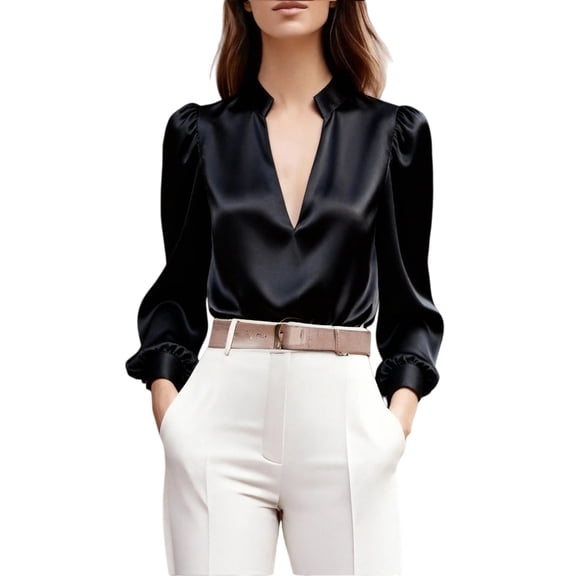 Vinsonshop Satin Blouse Long Sleeve Collared Shirt Women V Neck Shirts for Women Work Blouses for Women Business Outfits for Women Long Sleeve Blouses for Women Long Sleeve Shirts for Women Black M