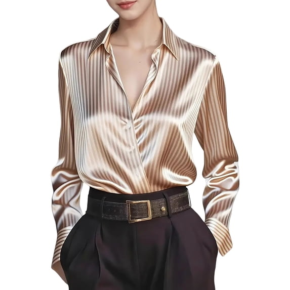 Vinsonshop Satin Top Long Sleeve Collared Shirt Women V Neck Shirts for Women Work Shirts for Women Elegant Tops for Women Blouses for Women Dressy Casual Office Tops for Women Khaki S