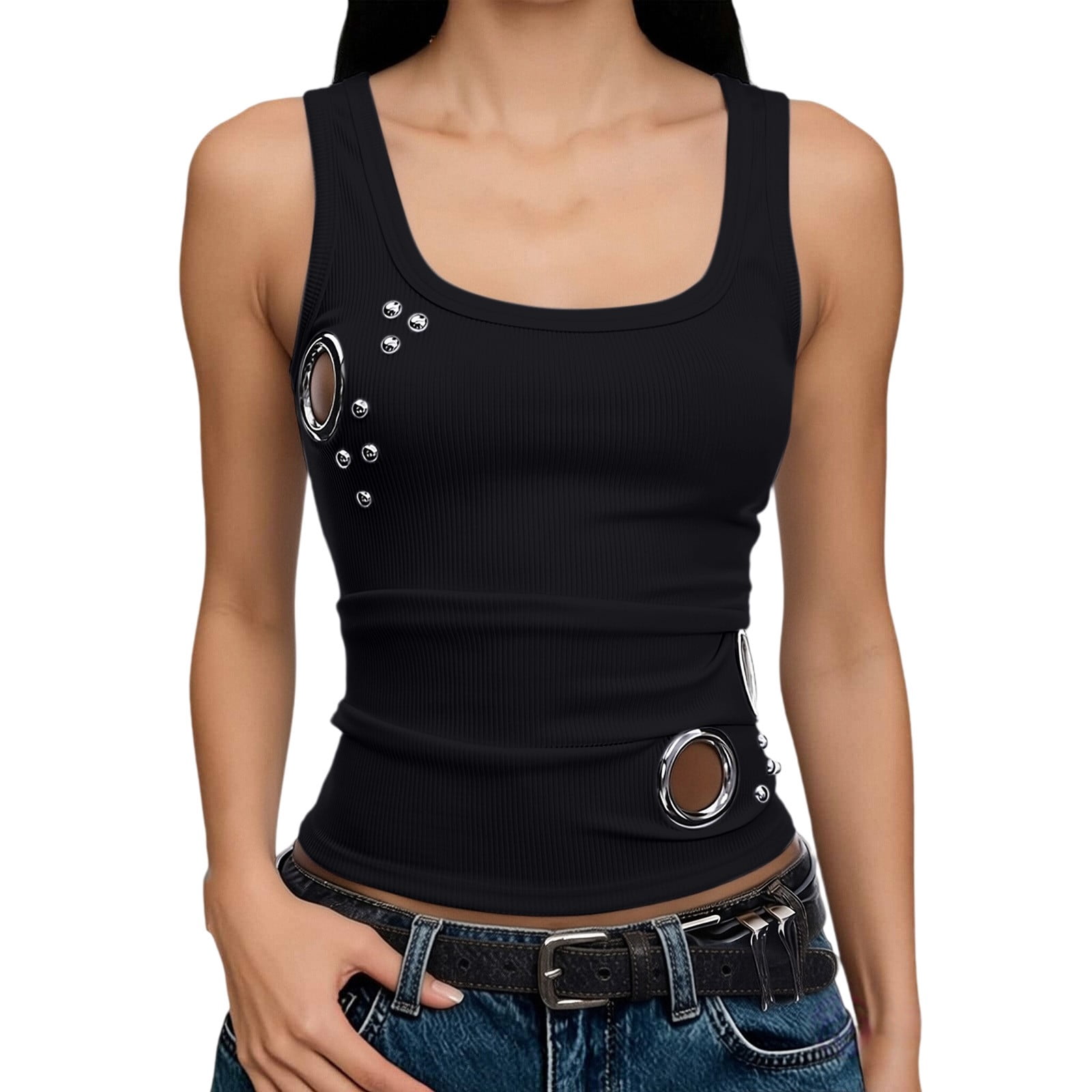 Vinsonshop Ribbed Tank Tops for Women Y2k Metal Grommet Eyelet