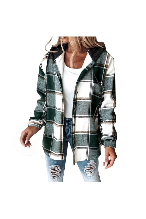 Shacket Women Fleece Jacket Plaid Jacket Hooded Fleece Jacket Women Plaid Shacket Jacket Women Plaid Fleece Jacket Women Plaid Coat Women Green XXL