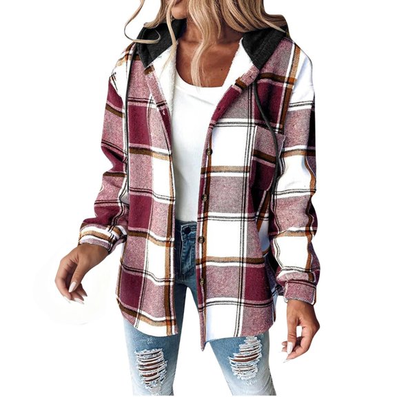 Vinsonshop Shacket for Women's Fleece Jacket Plaid Jacket Women Warm Fleece Jacket Women Plaid Coat Women Plaid Fleece Jacket Women Ladies Fleece Jacket Hot Pink S