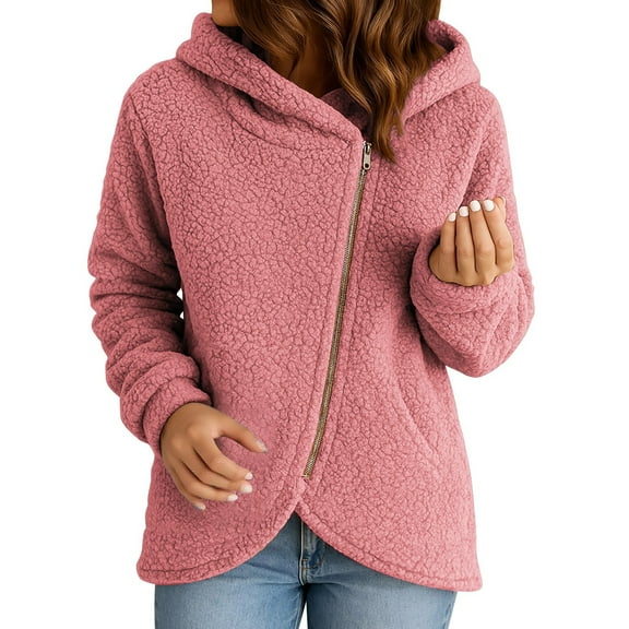 Vinsonshop Sherpa Hoodie Sherpa Jacket Zip Up Hoodie Women Winter Jackets for Women Winter Clothing for Women Full Zip Hoodies for Women Soft Hoodie Pink L