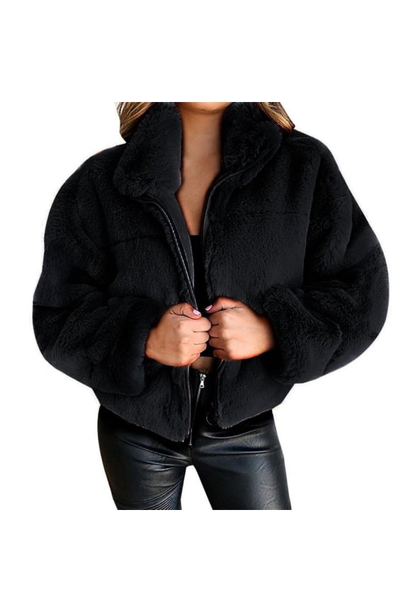 Sherpa Jacket Women Cropped Jacket Fuzzy Coats for Women Full Zip Jacket Womens Coats Winter Fluffy Coat Cropped Fleece Jacket Women Black L