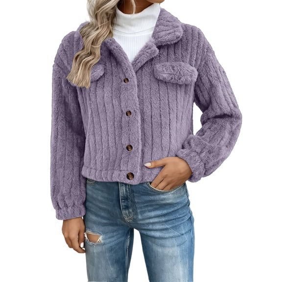 Vinsonshop Sherpa Jacket Women Cropped Jacket Warm Coats for Women Button Up Jacket Womens Jackets Casual Fleece Coat Fluffy Coat Light Violet L
