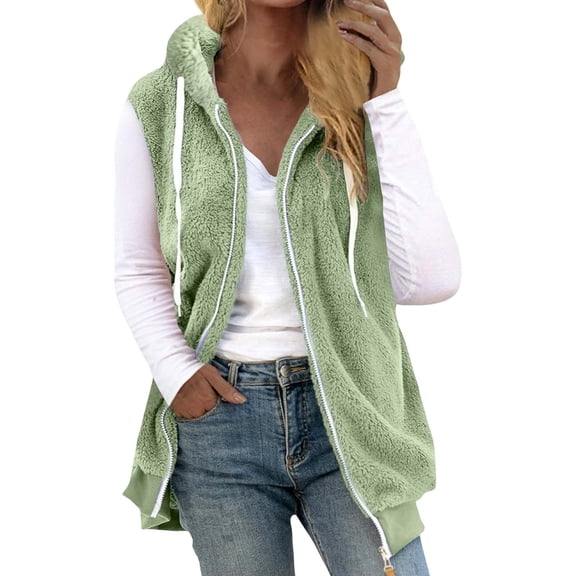 Vinsonshop Sherpa Vest Hooded Vest Women Fleece Jacket Women Sleeveless Hoodie Women Zip Up Vest Women Fuzzy Vest Outerwear for Women Green S