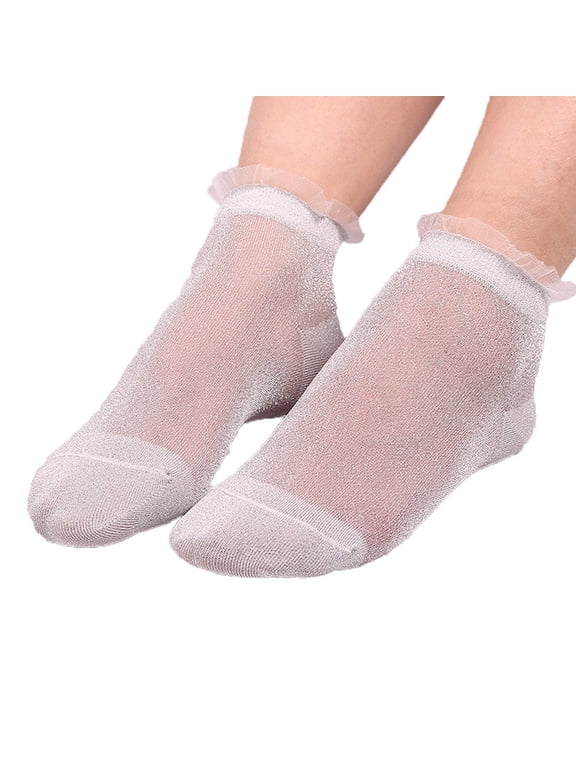 Shimmer Glitter Sheer Socks for Women Lettuce Edge Ruffle Cuff Short Stockings Silver G