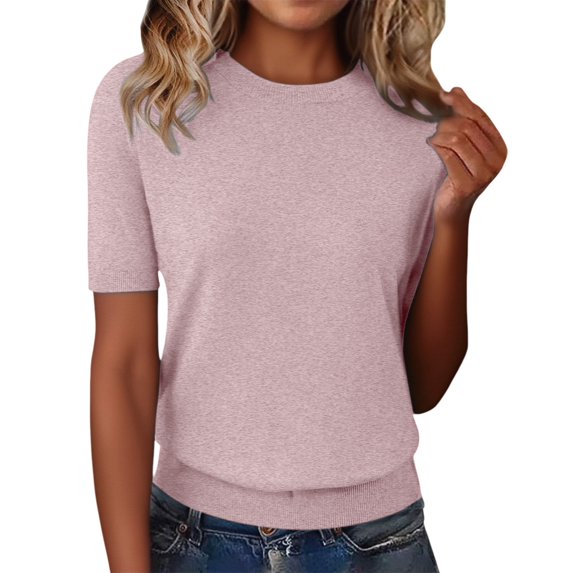 Vinsonshop Short Sleeve Sweater Womens Summer Tops Womens Sweaters Dressy Casual Loose Fitting Tops for Women Tunic Sweaters for Women Pullover Knit Sweater Crew Neck Sweater for Women Light Pink L
