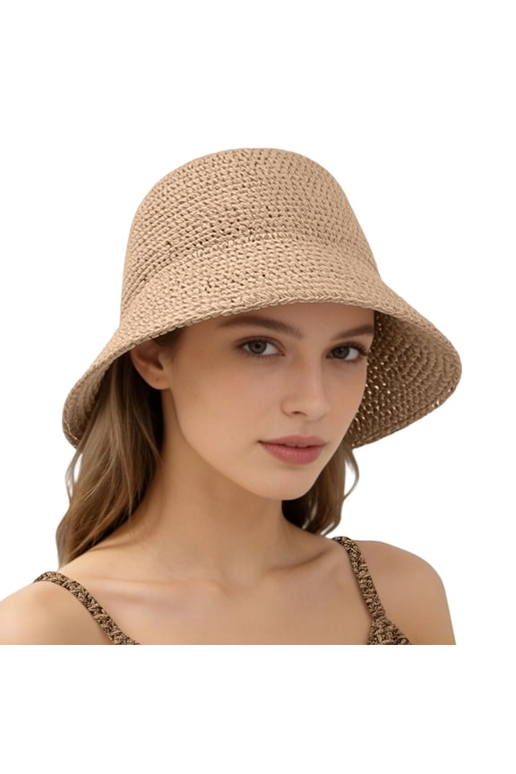 Straw Hats for Women Summer Woven Cloche Sun Hat Packable Foldable Travel Beach Cap Uv Protection Outdoor Sunshade Headwear Khaki A