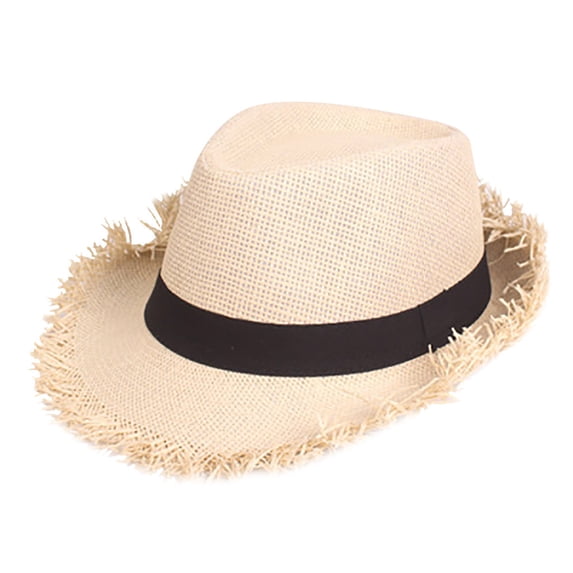 Vinsonshop Straw Trilby Fedora Hat for Men 1920s Short Brim Panama Cap Sun Beach Hats Beige