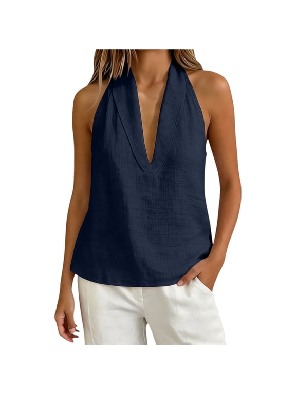 Summer Tops for Women Boho Cotton Linen Sleeveless Shirts Halter Deep V Neck Flowy Vacation Tank Tops Dark Blue L