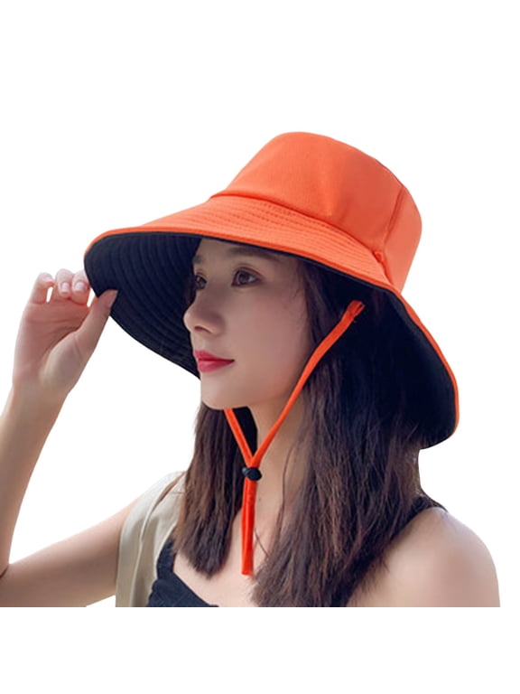 Sun Hats for Women Wide Brim UV Protection Floppy Summer Beach Hat Foldable Bucket Hat with String Packable Outdoor Travel Cap Orange