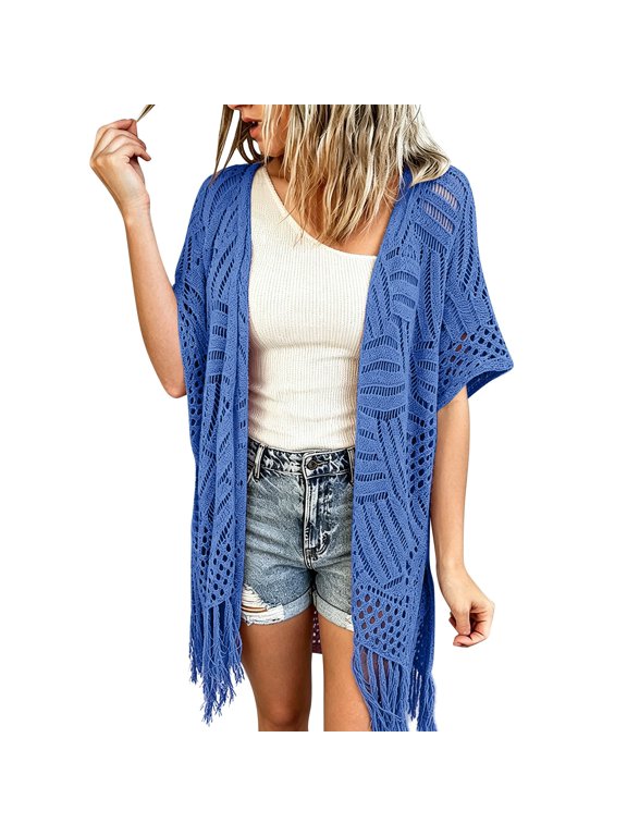 Tassel Fringe Crochet Cardigans for Women Boho Open Front Kimono Short Sleeve Lightweight Summer Beach Cover Up Bohemian Duster Outerwear Blue One Size
