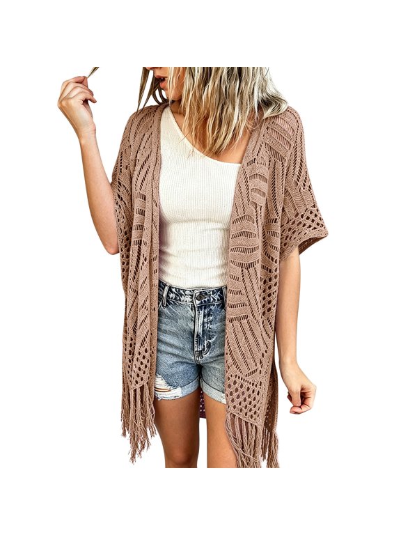 Tassel Fringe Crochet Cardigans for Women Boho Open Front Kimono Short Sleeve Lightweight Summer Beach Cover Up Bohemian Duster Outerwear Khaki One Size