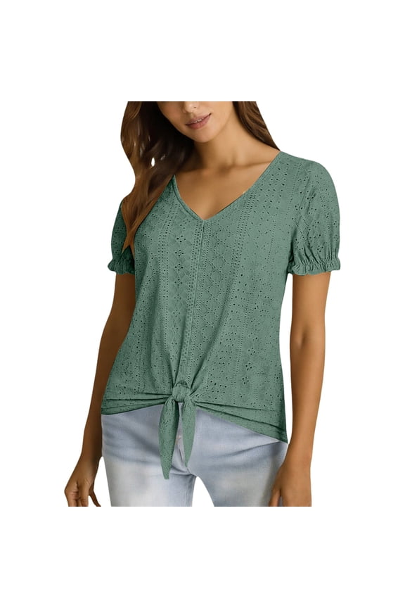Tie Front Shirts for Women Eyelet Casual Loose Fit Gauze Shirt Summer Shirts Embroidered Blouse Tunic Tops Curved Hem Short Sleeve Shirts Summer Outfits for Women (S-XXL)