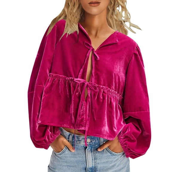 Vinsonshop Tie Front Tops for Women Velvet Blouse Women's Babydoll Tops Cute Tops for Women Y2k Tops Womens Blouses Womens Long Sleeve Tops Wine 3XL