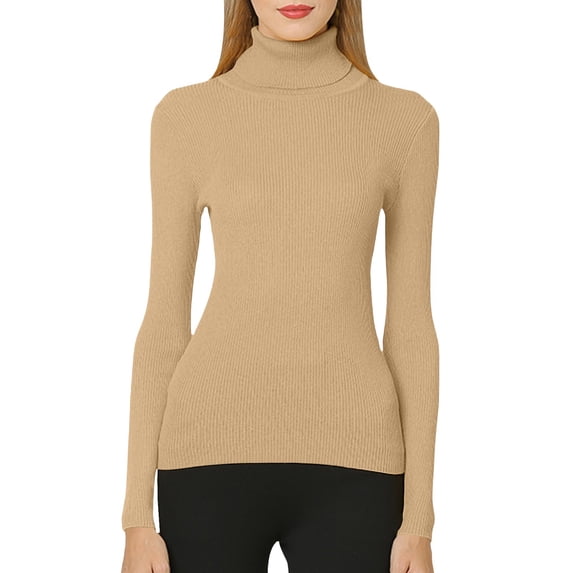 Vinsonshop Turtleneck Long Sleeve Knit Sweaters Women Ribbed Casual Pullover Tops Slim Fit Basic Jumpers Fall Fashion Outfits Top Khaki 4XL