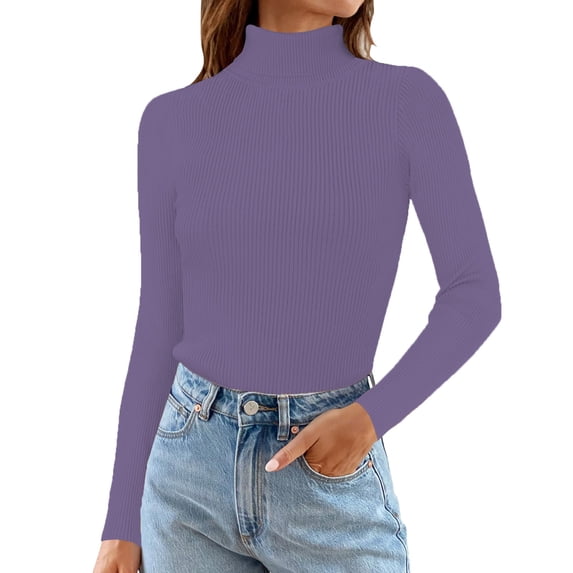 Vinsonshop Turtleneck Sweaters for Women Long Sleeve Ribbed Knit Tops Slim Fit Casual Pullover Basic Jumpers Fall Clothes Winter Warm Outfits Purple One Size