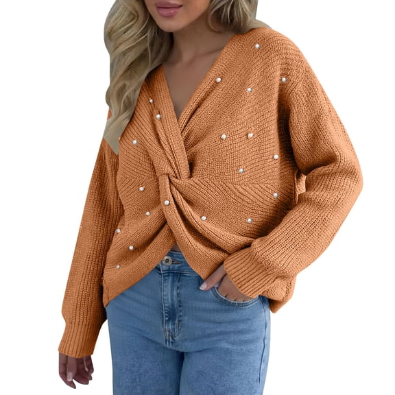Vinsonshop Twist Front Sweater Long Sleeve Sweaters for Women Front Knot Tops for Women Knit Sweater Womens V Neck Sweater Plain Sweaters for Women Loose Sweaters for Women Khaki One Size