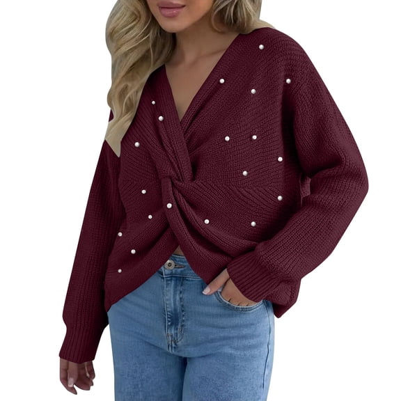 Vinsonshop Twist Front Sweater Soft Sweaters for Women Twist Front Tops for Women Pullover Sweaters for Women Fall Sweaters for Women Womens V Neck Sweater Tops for Women A One Size