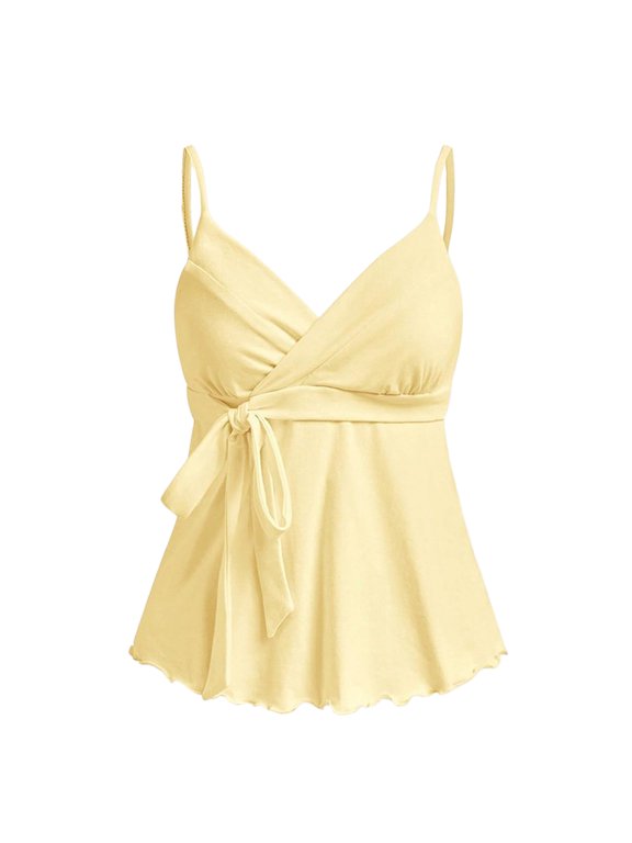 V Neck Side Tie Camisoles for Women Spaghetti Strap Wrap Tank Tops Peplum Casual Summer Sleeveless Shirts Flowy Blouses Lightweight Basic Shirts Light Yellow L