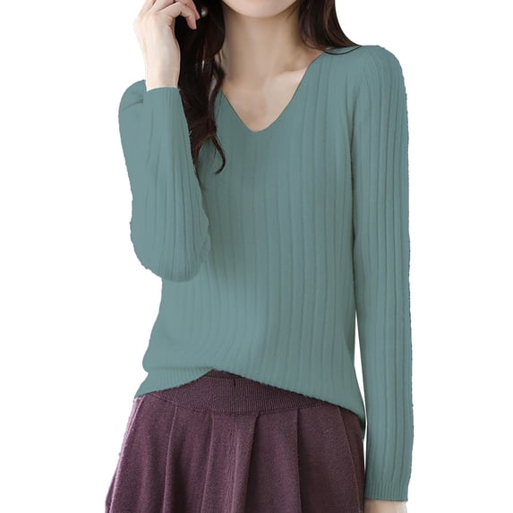 Vinsonshop V Neck Sweaters for Women Long Sleeve Ribbed Knit Tops Casual Pullover Basic Jumpers Fall Clothes Winter Warm Outfits Mint Green S