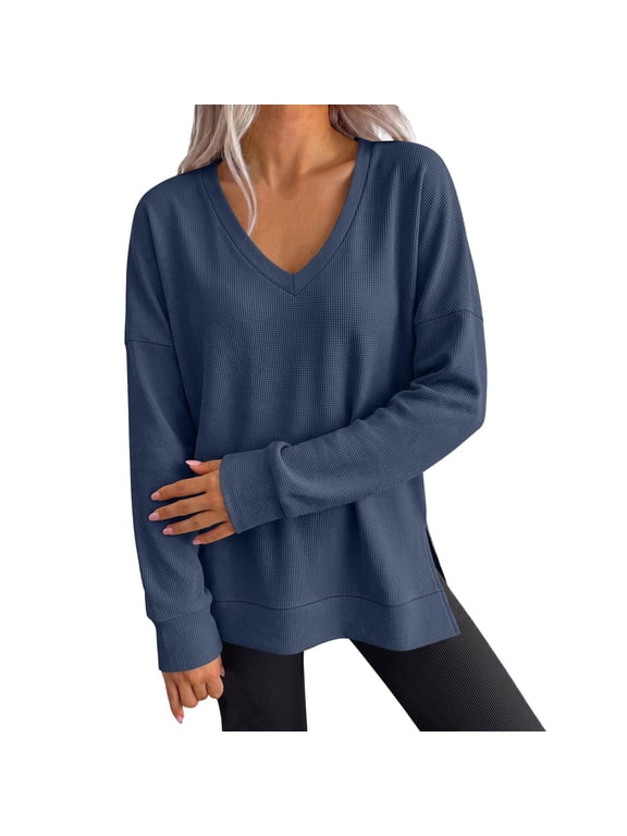 Waffle Knit Tops for Women Casual V Neck Long Sleeve Pullover Shirts Loose Fit Drop Shoulder Tunic Blouses Side Split Hem Fall Clothes Blue XXL