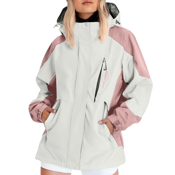 Vinsonshop Waterproof Windbreaker Raincoat for Women Hooded Colorblock Lightweight Hiking Jacket Outdoor Athletic Activewear Zip Up Gorpcore Utility Streetwear Pink 4XL