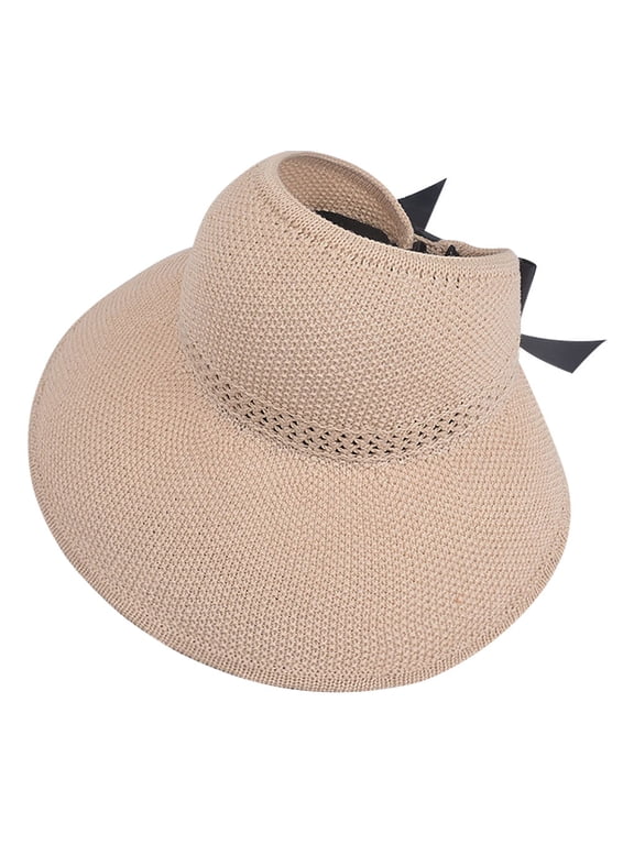 Wide Brim Straw Visor Hat for Women – Beach Sun Visor, Summer Ponytail Hat for Uv Protection and Travel Outdoor Use Beige