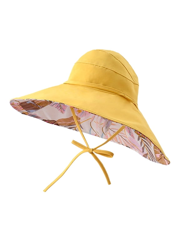 Wide Brim Sun Hat for Women UV Protection Foldable Bucket Cap Packable Summer Floppy Beach Hats Floral Lining with String Travel Yellow