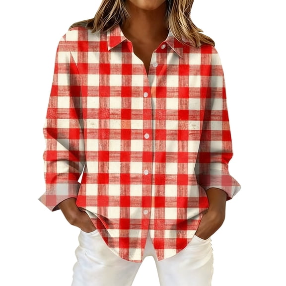 Vinsonshop Women Button Down Shirt Plaid Shirt Womens Long Sleeve Tops Long Sleeve Button Up Shirts for Women Long Sleeve Tops for Women Long Sleeve Collared Shirt Women Casual Tops for Women Red XL