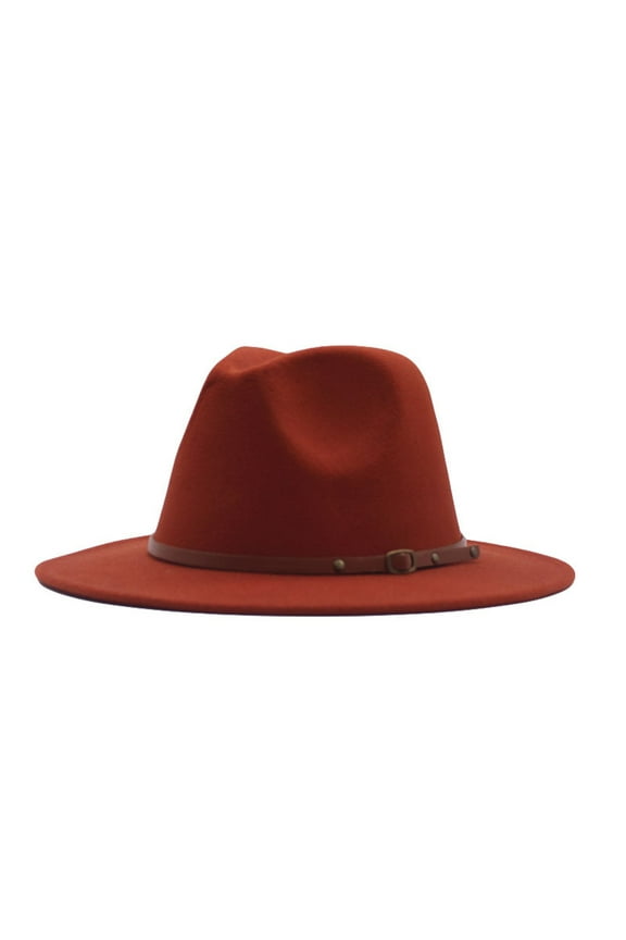 Women Classic Felt Fedora Wide Brim Floppy with Belt Buckle Panama Hat Red