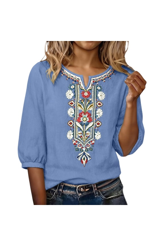 Women Cotton Linen Embroidered Tops Beach Shirts Retro Embroidered Boho Embroidered Blouses Linen Embroidered Boho Peasant Elbow Sleeve Tunic Tops Womens Shirts Casual (M-3XL)