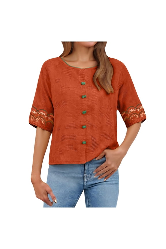 Women Cotton Linen Embroidered Tops Boho Peasant Linen Clothes for Women Business Casual Peasant Blouses Womens Clothing Loose Floral Gauze Tunics Beach Outfit (M-3XL)