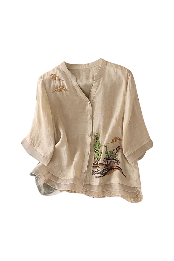 Women Cotton Linen Embroidered Tops Cotton Linen Gauze Shirts Button Down Shirts for Women Summer Clothes Boho Peasant Linen Clothes for Women Summer Clothes (M-4XL)