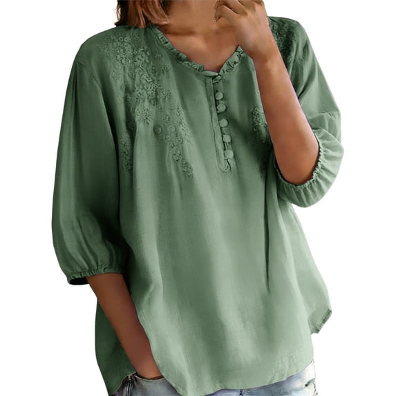 Vinsonshop Women Cotton Linen Embroidered Tops Ethnic Style Casual Linen Bohemian Peasant Shirts Boho Gauze Tops Retro Embroidered Shirt Linen Tunic Tops for Women Green M