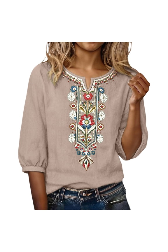 Women Cotton Linen Embroidered Tops Short Sleeve Shirts Embroidered Blouses Loose-fit Cotton Top Casual Summer Travel Clothes Summer Gauze Shirts Womens Summer Tops (M-3XL)